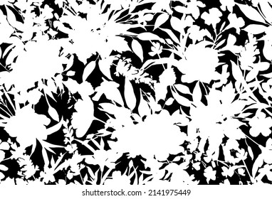 Floral silhouette seamless pattern. Abstract floral background in black and white. Summer botanical wild flowers.