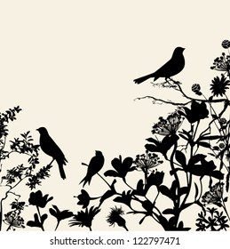 Floral Silhouettes Background Corner - birds perched on flowers and plants in black, against a neutral background