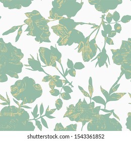 Floral silhouettes. Botanical retro seamless pattern . Hand drawn abstract flowers, roses buds and petals. Vintage background for textile, fabric, wrapper, wallpaper and surface,