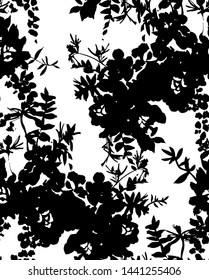 Floral silhouettes. Botanical seamless pattern. Black abstract flowers, roses buds and petals isolated on white. Vintage background for textile, fabric, wrapper, wallpaper and surface.