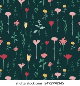 Floral silhouettes. Botanical seamless pattern. Hand drawn abstract flowers, roses buds and petals. Vintage background for textile, fabric, wrapper, wallpaper and surface.