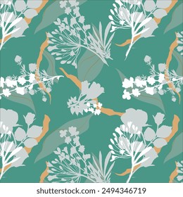 Floral silhouettes. Botanical seamless pattern. Hand drawn abstract flowers, roses buds and petals. Vintage background for textile, fabric, wrapper, wallpaper and surface.