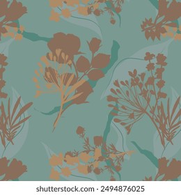 Floral silhouettes. Botanical seamless pattern. Hand drawn abstract flowers, roses buds and petals. Vintage background for textile, fabric, wrapper, wallpaper and surface.