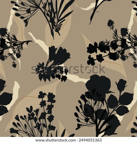 Floral silhouettes. Botanical seamless pattern. Hand drawn abstract flowers, roses buds and petals. Vintage background for textile, fabric, wrapper, wallpaper and surface.