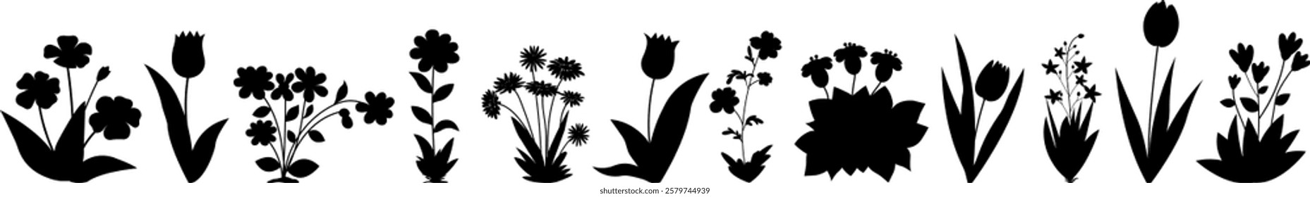 Floral Silhouettes Collection. Hand drawn flower collection vector illustration. Flower silhouette set for Poster, banner, Card, Invitation, Sticker, Greeting Cards template