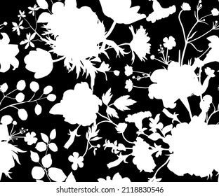 Floral Silhouettes of different flowers and leaves. Vector floral seamless background pattern for wallpaper, textile prints, fabric.