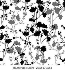 Floral Silhouettes of different flowers and leaves. Vector floral seamless background pattern for wallpaper, textile prints, fabric.