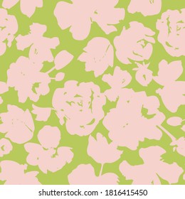 Floral silhouettes seamless pattern. Roses and meadow flowers. Simple botanical illustration in vintage flat style. Summer motif. Classic nature ornament. Fashion design.