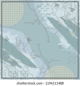 Floral silk scarf branches pattern on blue