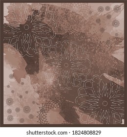 Floral silk scarf pattern. Hijab abstract motif on brown