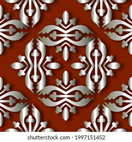 Floral silver 3d seamless pattern. Vector ornamental luxury background. Repeat beautiful red backdrop. Vintage flowers, leaves. Surface ornaments. Decorative ornate design. Endless texture. Shadows.