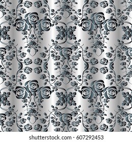 Floral silver seamless pattern background wallpaper illustration with vintage decorative roses flowers, leaves and damask ornaments.