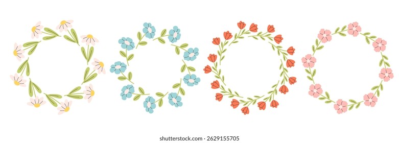 Floral simple circle frame. Hand drawn botanical round border, floral wreath, laurel. Design for invitation, card, banner, logo. Vector illustration in flat style