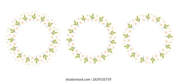 Marco circular floral simple. Borde botánico redondo dibujado a mano, corona floral, laurel. Diseño para invitación, tarjeta, Anuncio, logotipo. Ilustración vectorial en estilo plano