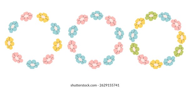Floral simple circle frame. Hand drawn botanical round border, floral wreath, laurel. Design for invitation, card, banner, logo. Vector illustration in flat style