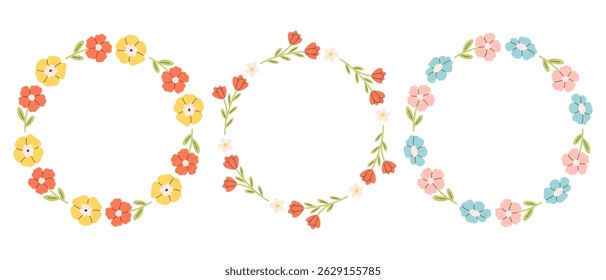 Moldura de círculo simples floral. Borda redonda botânica desenhada à mão, coroa floral, louro. Design para convite, cartão, banner, logotipo. Ilustração vetorial em estilo plano