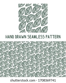 Floral simple minimalist seamless pattern graphic design for paper, textile print, page fill. Hand-drawn green leaves on a white background. Great for scrapbooking, packaging, textiles, fabrics.