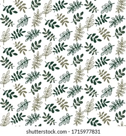 Floral simple minimalist seamless pattern graphic design for paper, textile print, page fill. Hand drawn green branches and leaves on a white background. Great for scrapbooking, packaging, textiles.