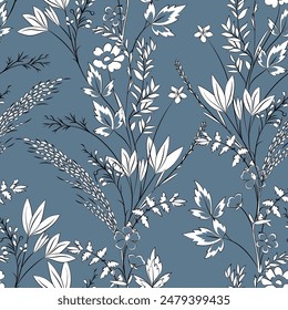 Floral simple minimalistic seamless pattern graphic design for paper, textile print, page fill. Vector background with hand drawn wild flowers, herbs and leaves