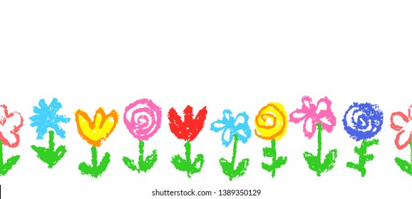 Floral simple seamless pattern, border, header or frame. Like kid`s hand drawn crayon multicolor cute flowers. Pastel chalk or pencil artistic doodle stroke vector summer banner background.