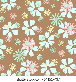 Floral Simple Seamless Pattern with Detailed Flowers and Silhouettes. Ditsy Primitive Pretty Ornament in Vintage Style. Bright Retro Motif for Textile, Fabric, Wallpaper, Dress, Cloth