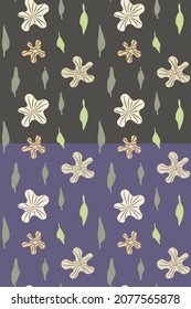 Patrón floral simple y sin fisuras. Elementos dibujados a mano de flores, hojas, paleta de colores pastel. Gris, viola color de fondo fácil de editar. Vector