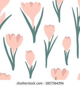 Floral simple seamless pattern, spring or summer graphic design for paper, textile print, page fill. Botany background. Hand drawn modern and original texture with pink crocus flowers