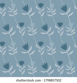 Patrón floral simple tulipán sin soldadura. Siluetas botánicas y fondo en tonos azul marino pastel. Excelente para papel de pared, textil, papel envolvente, impresión de tela. Ilustración vectorial.