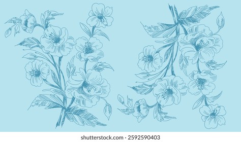 Patrón floral sin fisuras. Diseño textil azul y blanco. Impresión de plantas trepadoras. Toile de jouy flores Fondo de pantalla, patrón, fondo. Naturaleza suave patrón sin costuras. Patrón de Vector