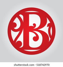 Floral single-letter monogram B. Personalized decorative framed letter B. Initial monogrammed medallion decor. Fancy alphabet for laser cutting. Circle frame initial. 