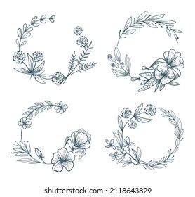 Floral sketch leaves decorative round circle border nature frame isolated set design element vector collection