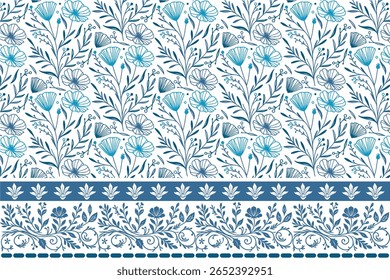 padrão de repetição de esboço floral com borda de linha decorativa para o empacotamento de moda têxtil sem costura e design de presente

