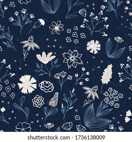 Floral sketch. Seamless hand drawn botanical motifs. Doodle, garden flowers, leaves, branches. Modern vector texture for fashion, fabric, retro print.