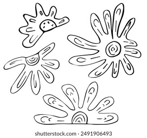 Floral sketches, field vegetation and flowering plant abstract design set, streamlined natural twig. Simple outline monochrome vector illustration clip art in doodle style, isolated, white background.