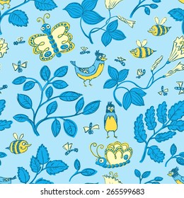 Floral sketchy seamless background with birds