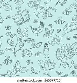 Floral sketchy seamless pattern with birds and bees