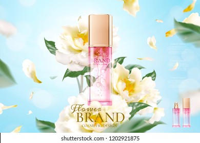 Floral skincare ads with petals flying around the product in 3d illustration