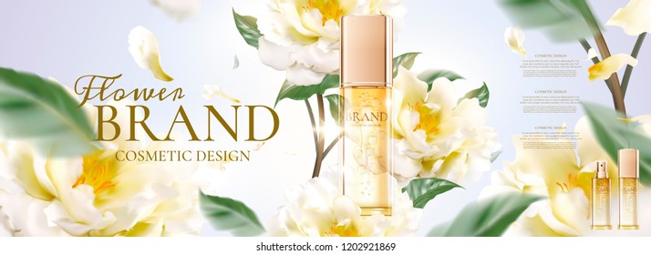 Floral skincare banner ads with petals flying around the product in 3d illustration