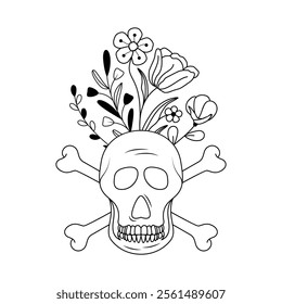 Floral Skull and Crossbones, Striking Black and White Line Art Illustration with Blooming Flowers and Leaves