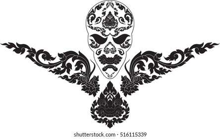 floral skull and giant face with floral dragon head wings vector illustrations, tattoos, stickers, image / southeast asia art design