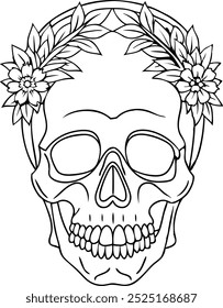 Floral skull in monochrome, vector outline design