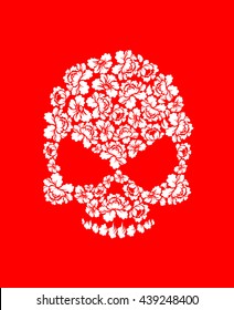 Floral skull on red background. White roses and skeleton head. Beautiful flora skull