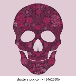 Floral skull Ornate Sugar, Made from Flowers. Dead colorful,  paisley indian ornament, Floral Tattoo design. Vector