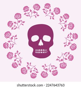 Floral skull tattoo low brow illustration. Vector gothic skeleton ink doodle with flowers in viva magenta.