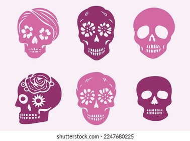 Floral skull tattoo low brow illustration set. Vector gothic skeleton ink doodle with flowers in viva magenta collection