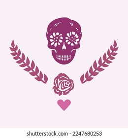 Floral skull tattoo low brow illustration. Vector gothic skeleton ink doodle with flowers in viva magenta.
