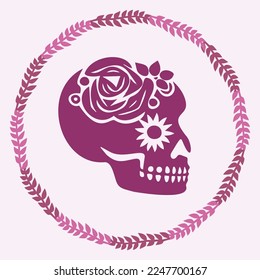 Floral skull tattoo low brow illustration. Vector gothic skeleton ink doodle with flowers in viva magenta.