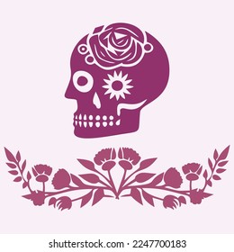 Floral skull tattoo low brow illustration. Vector gothic skeleton ink doodle with flowers in viva magenta.