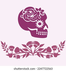 Floral skull tattoo low brow illustration. Vector gothic skeleton ink doodle with flowers in viva magenta.