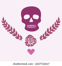 Floral skull tattoo low brow illustration. Vector gothic skeleton ink doodle with flowers in viva magenta.